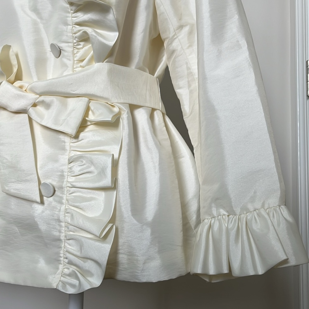Women's Ruffle-Trim Cream Satin Jacket with Tie Waist - Picture 5 of 10